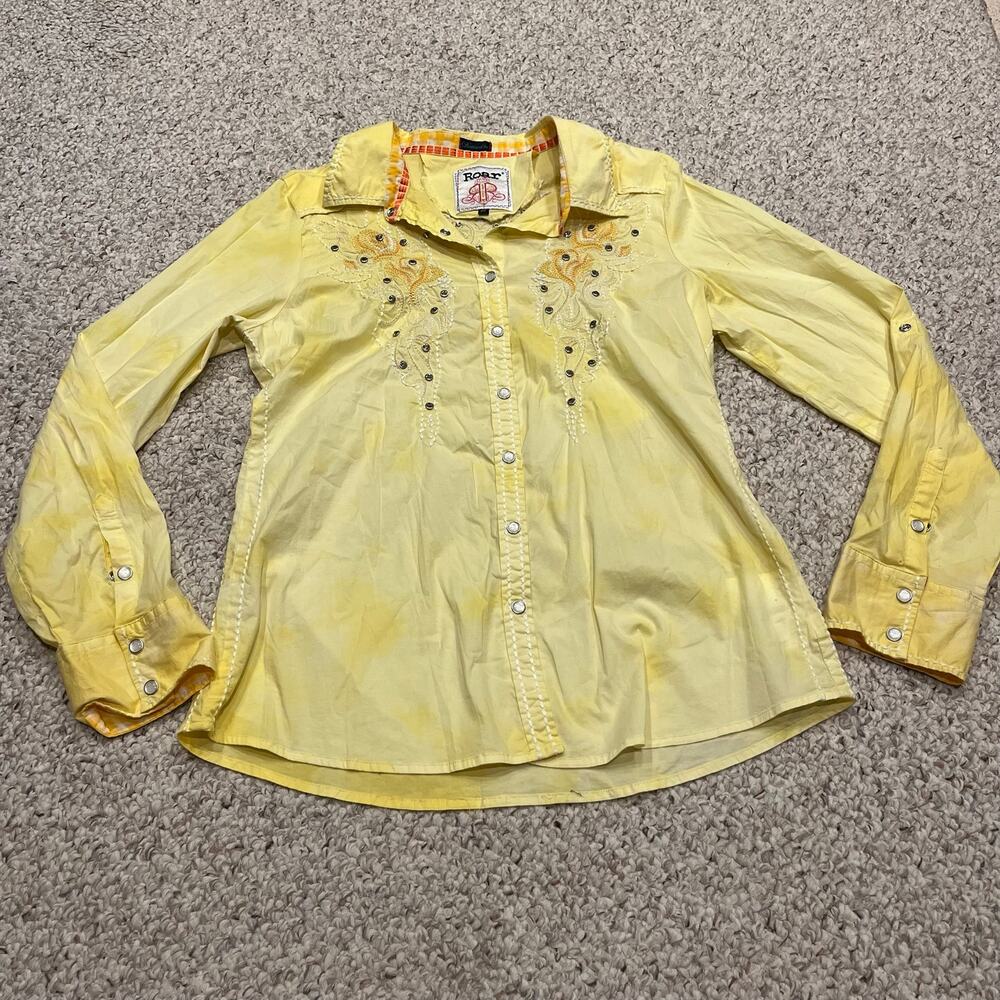 Roar Snap Front Embellished Shirt Womens XL Yellow Western Festival Casual
